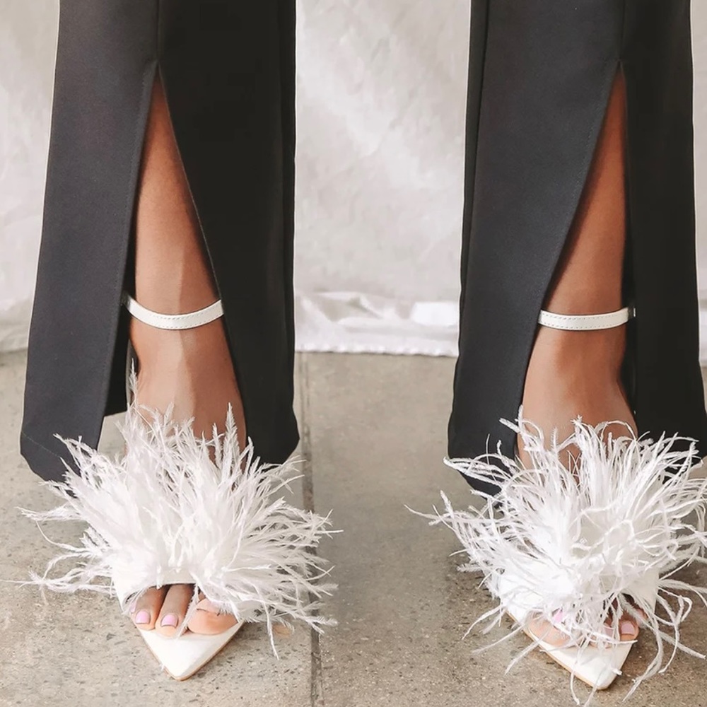 LuLu’s Harlee White Patent Feather High Heel Sandals